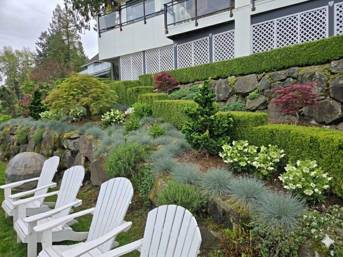 Terraced Eastside garden with layered plantings and seating