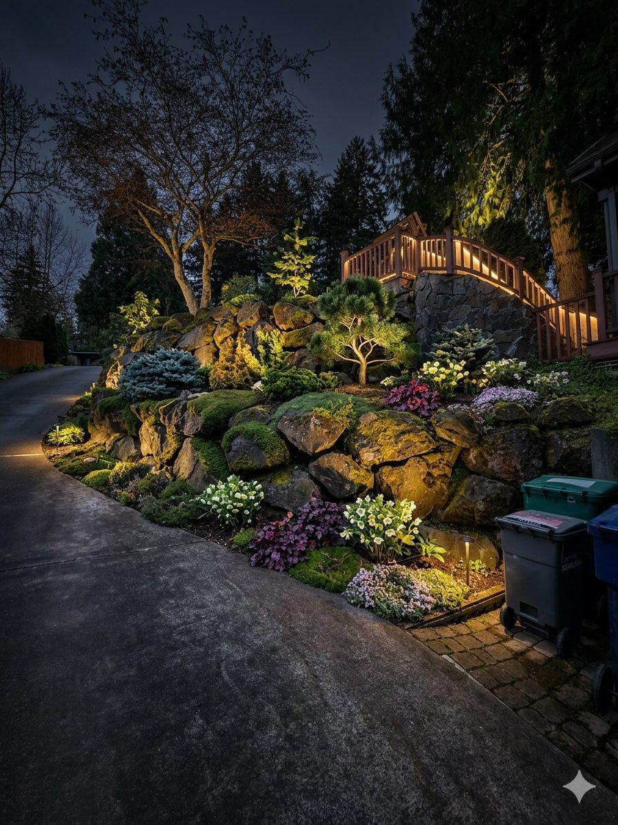 Landscape lighting illuminating a designed estate garden at dusk